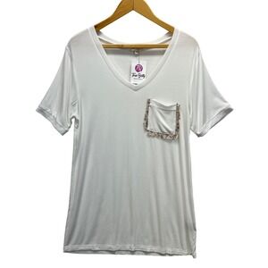 POL White V-Neck Pocket T-Shirt Floral Trim Short Sleeve Stretch Women Large NEW